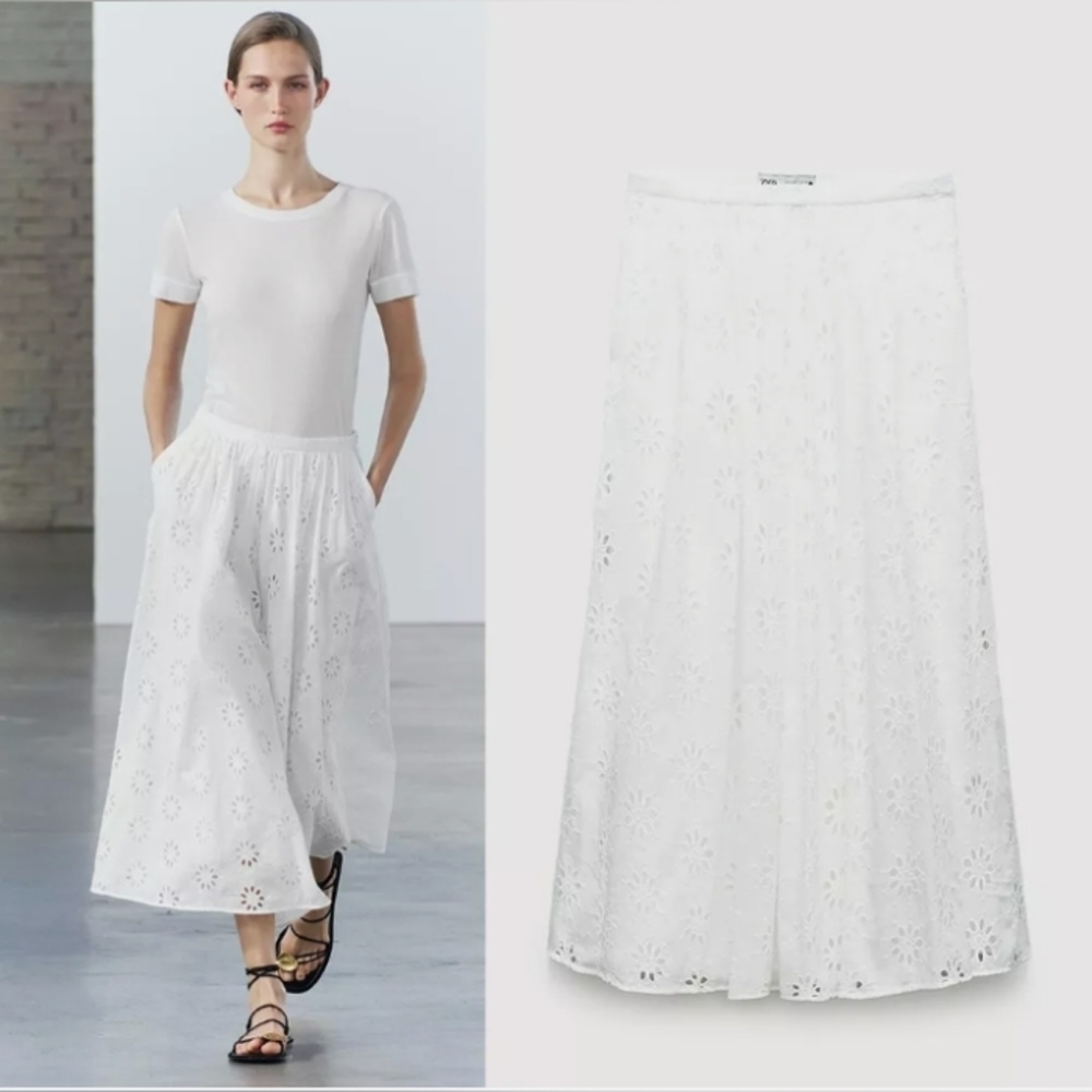 Zara Embroidered 100% Cotton Midi Skirt - Picture 2 of 6